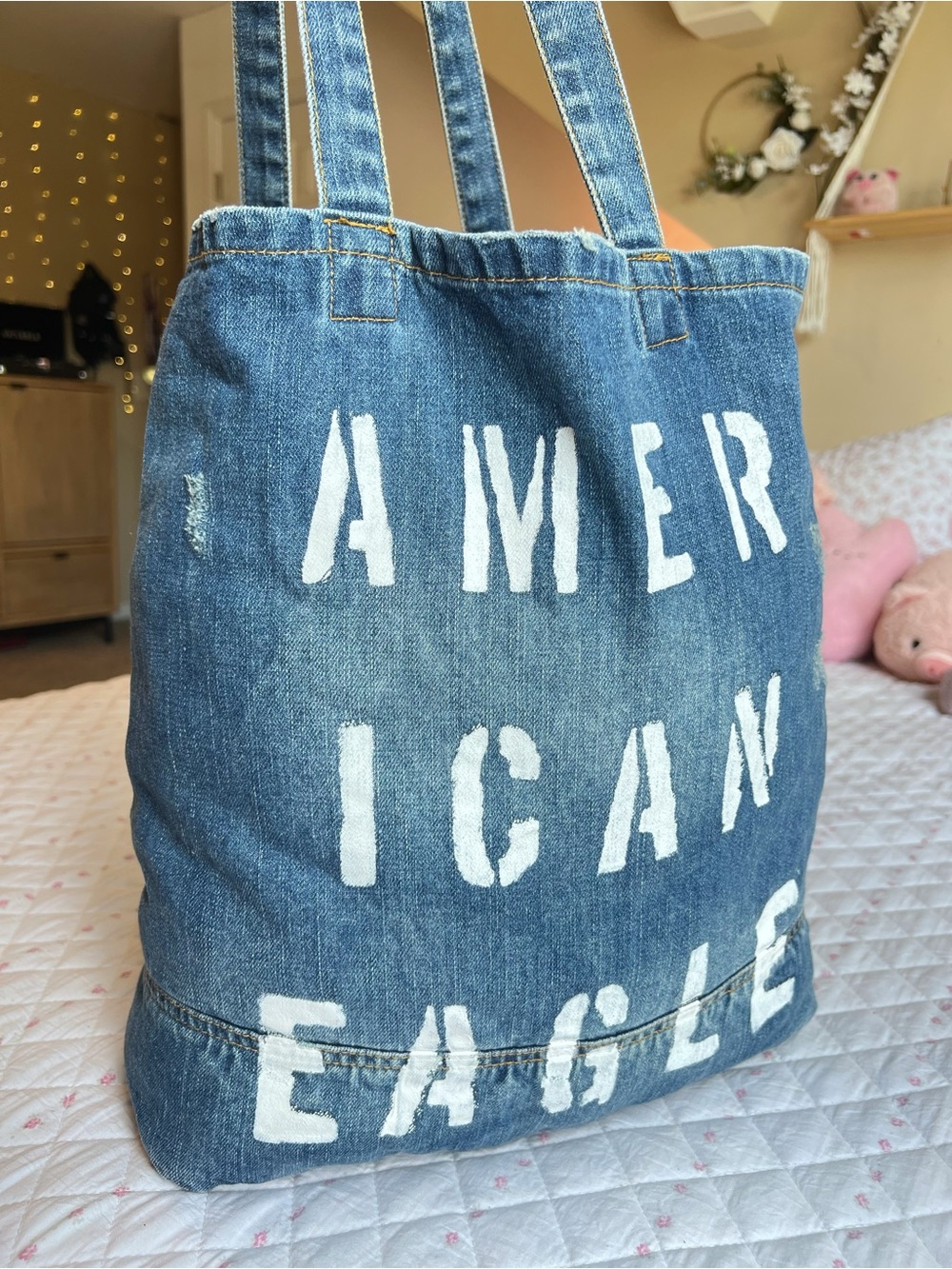 American Eagle White Painted Logo Distressed Denim Tote Bag Jean Pocket - Picture 2 of 7